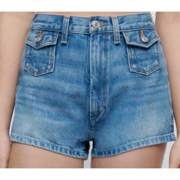 Re / Done 70s Inspired Front Pockets Blue Denim Shorts Women's Size 31 NWT - Picture 1 of 10